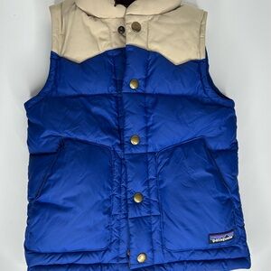 Patagonia Bivy Down Vest Boys Sz 5 (xs) Youth Blue Brown Tan